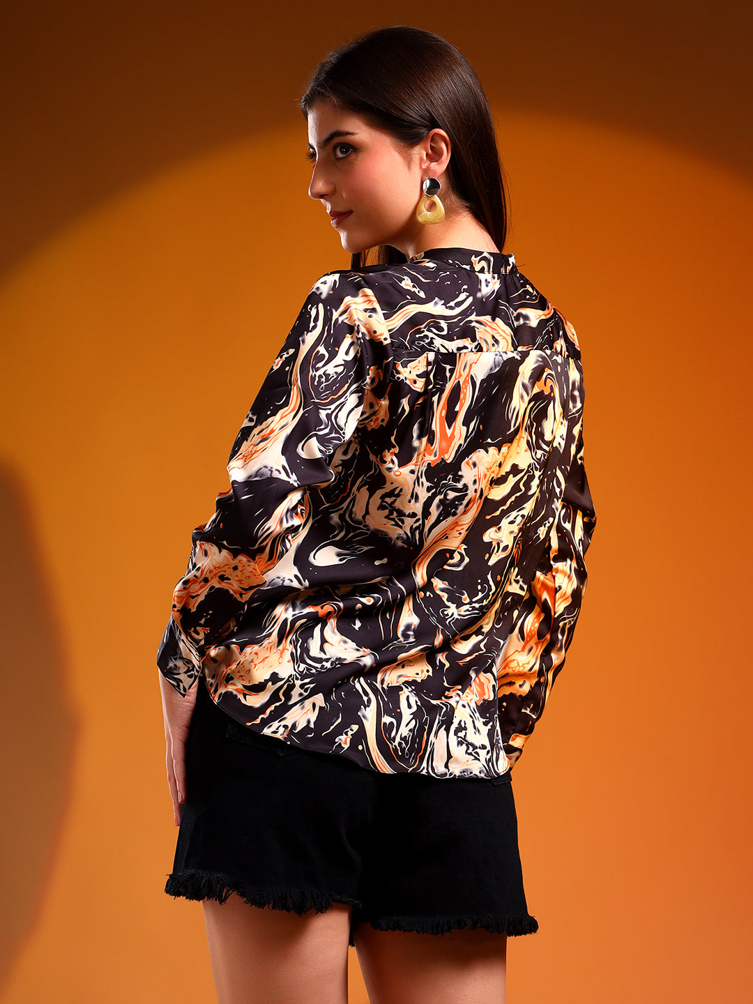 Printed Satin Shirt - Black and Ochre