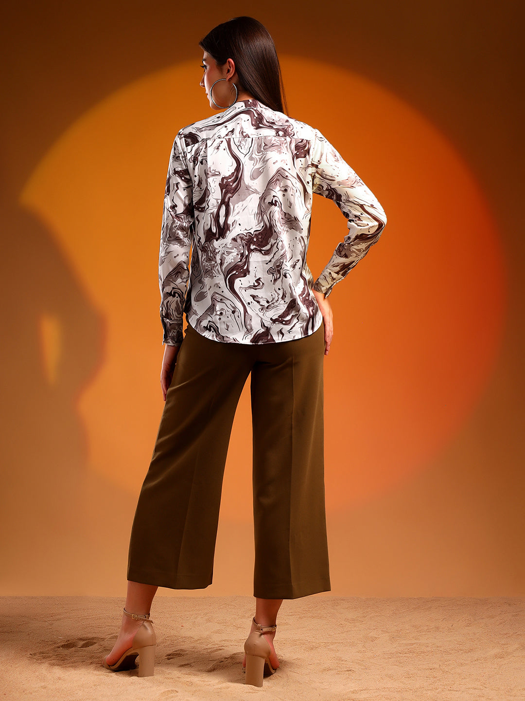 Printed Satin Shirt- Brown and White