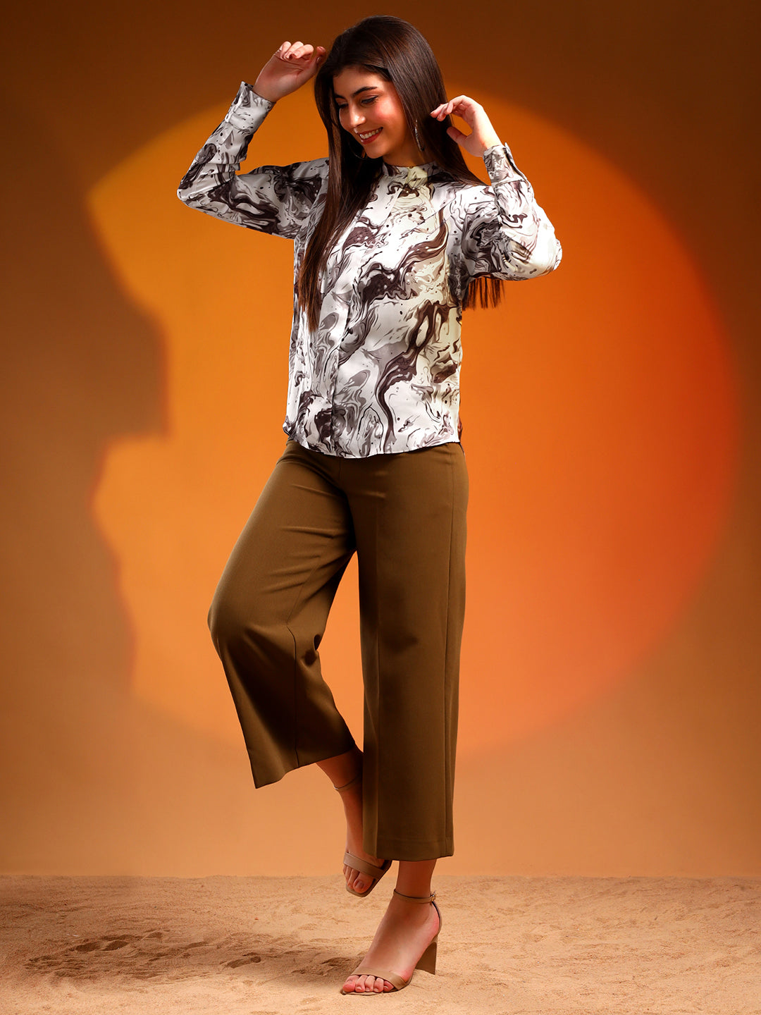 Printed Satin Shirt- Brown and White