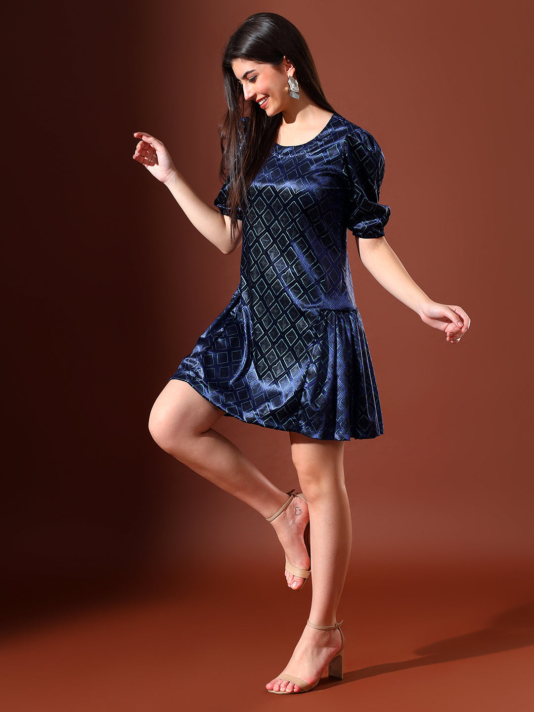Printed Velvet Dress - Navy Blue