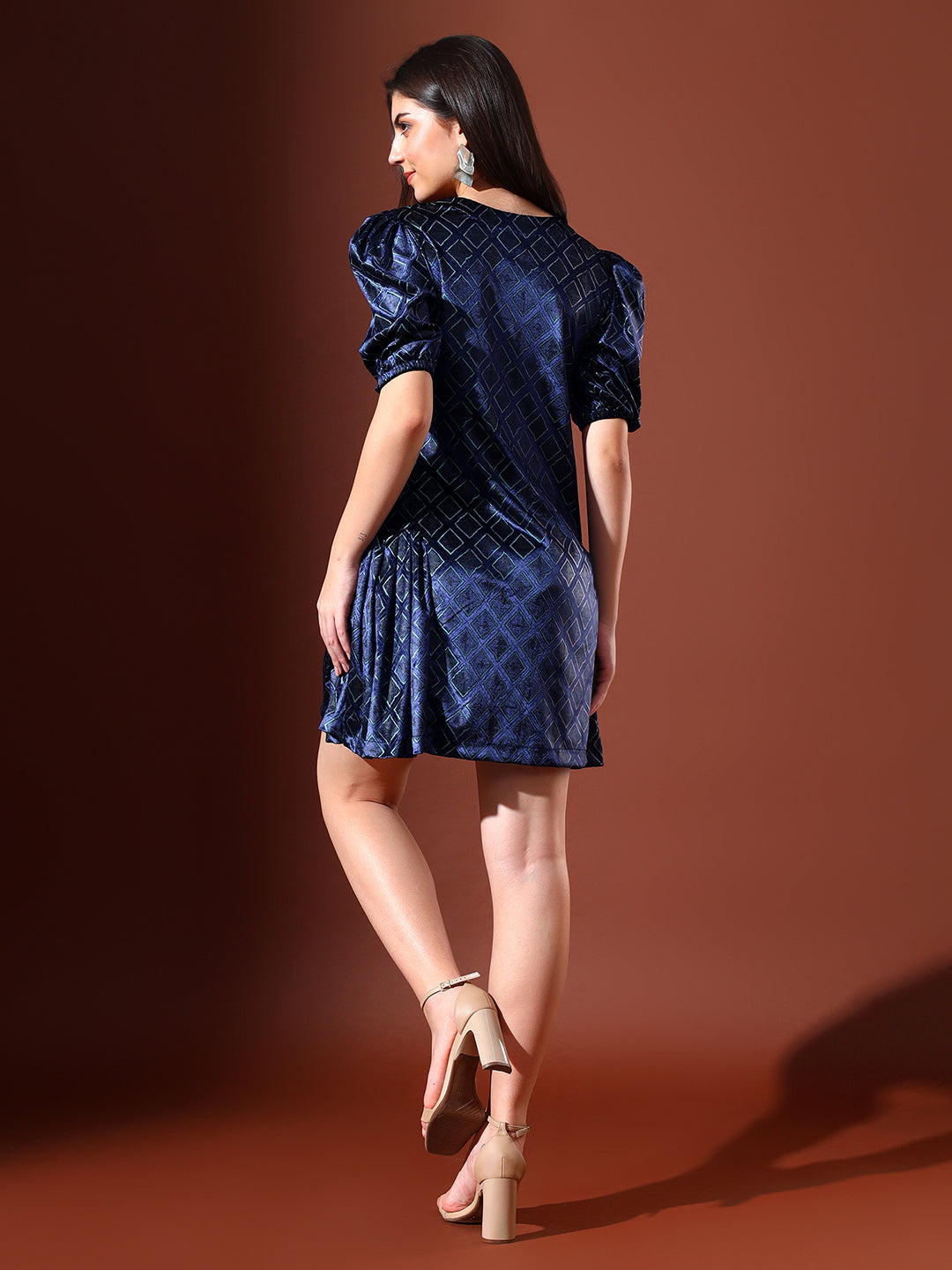 Printed Velvet Dress - Navy Blue