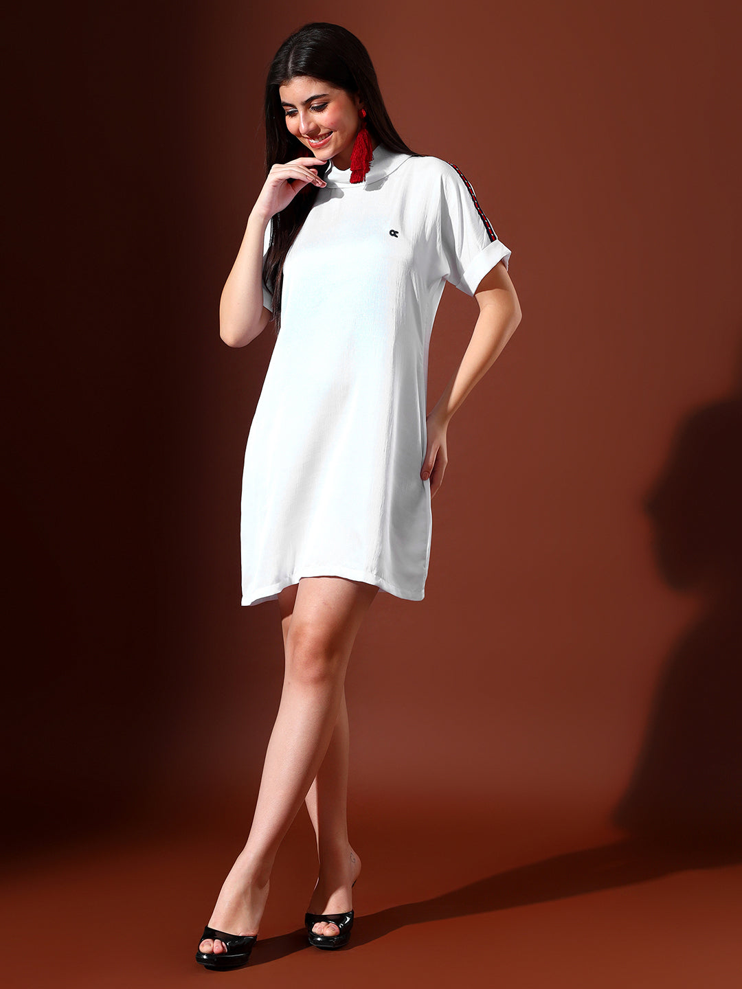 White Shift Dress With Red And Blue Lace