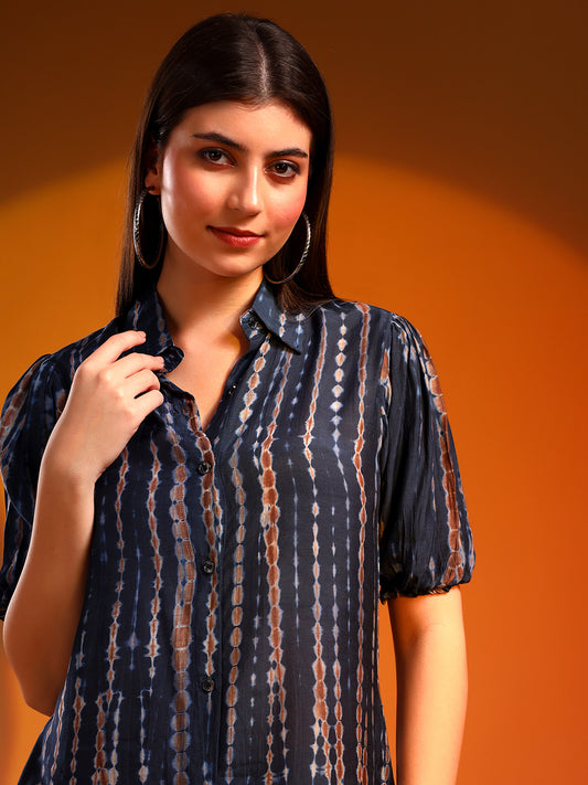 Metallic Blue Collared Shirt dress