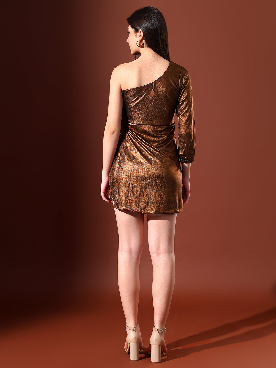 Off-shoulder Copper Foiled Dress