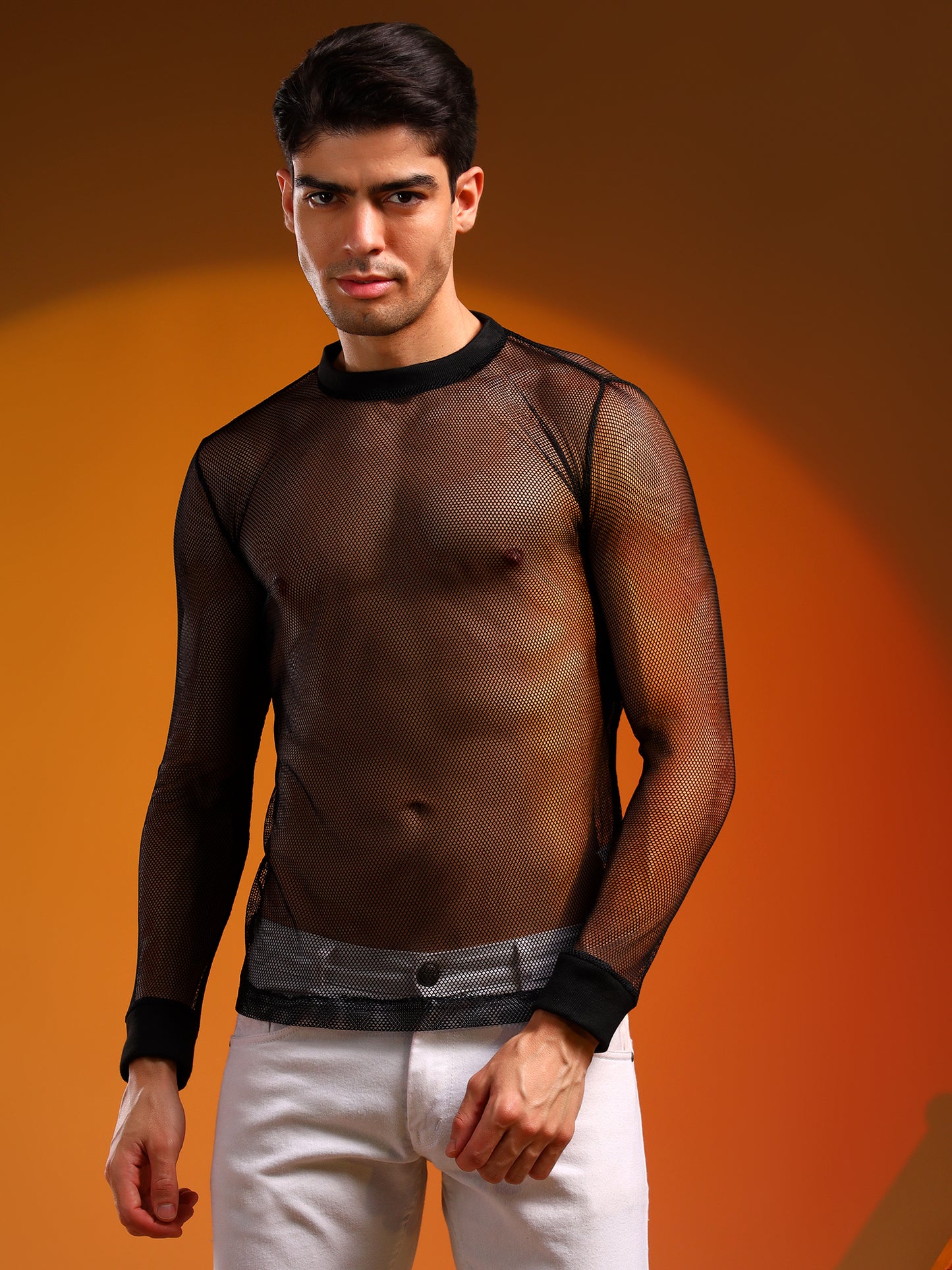 FullSleevedNetT-shirtwithribsBlack
