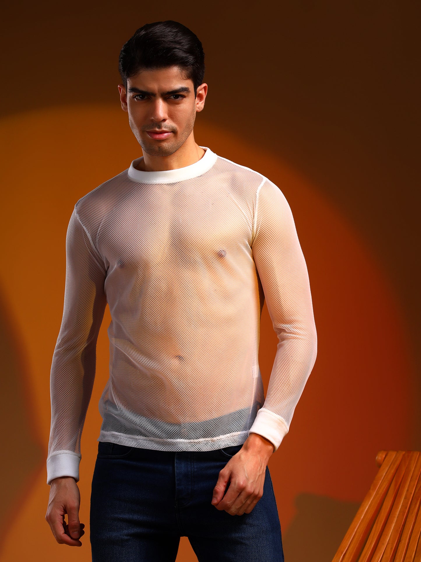 Full-Sleeved White Net T-Shirt