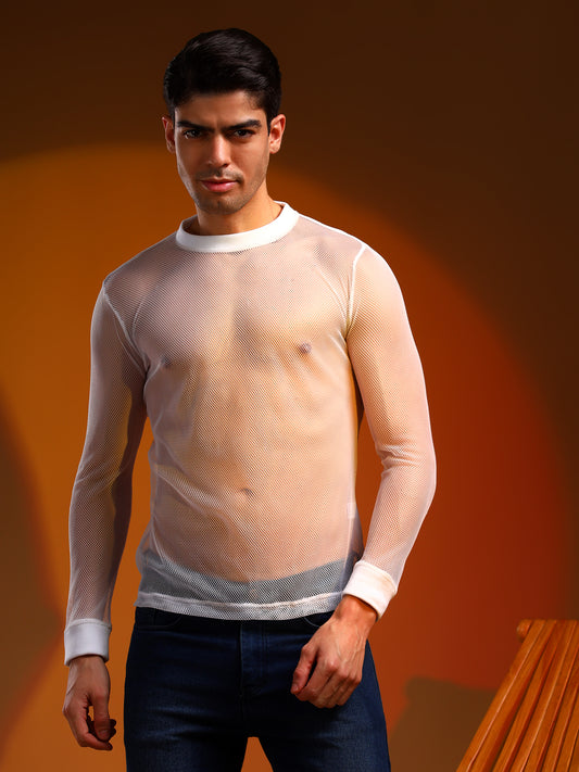 Full-Sleeved White Net T-Shirt