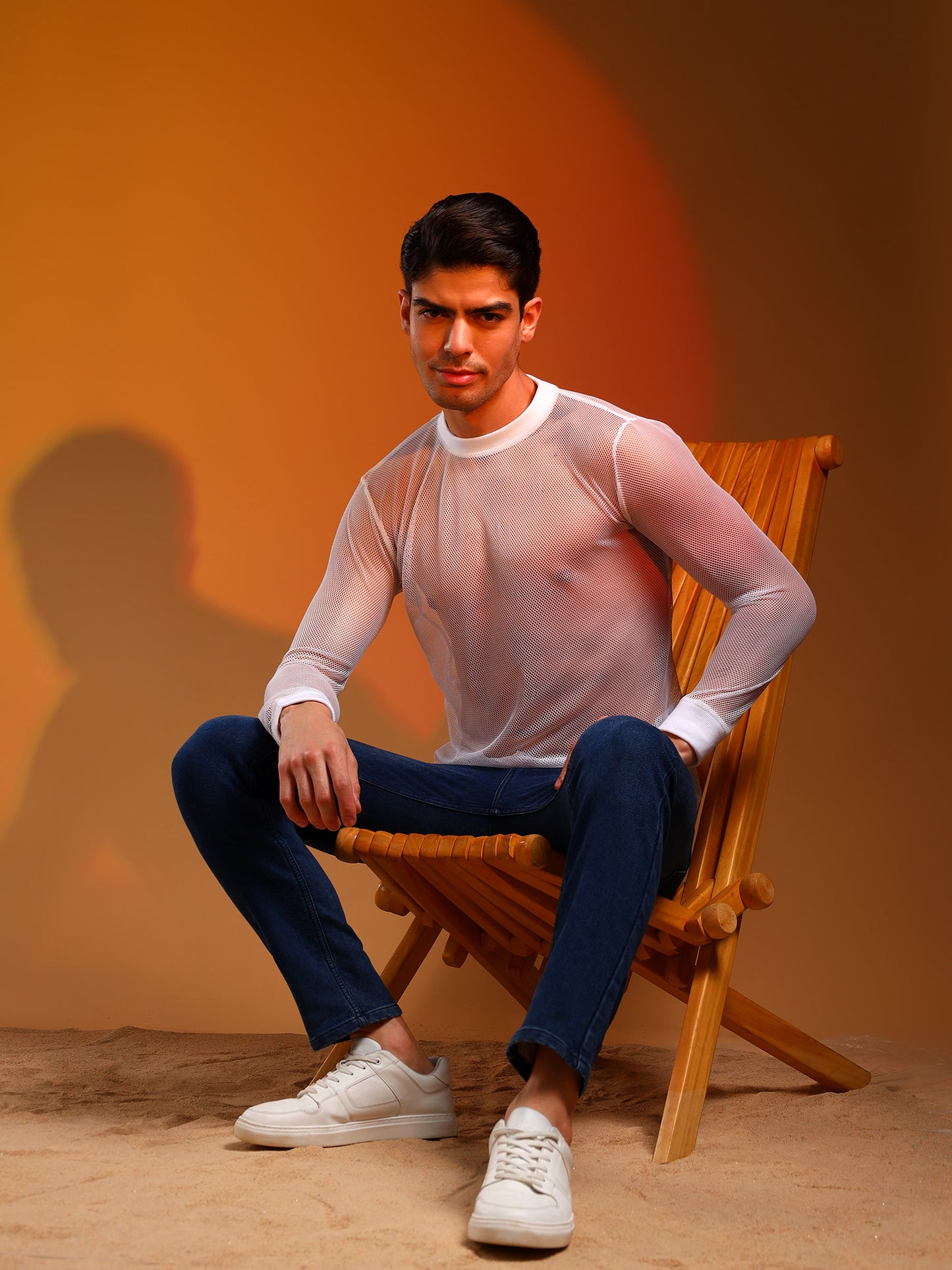 Full-Sleeved White Net T-Shirt