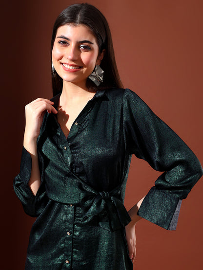 Green Shimmer Shirt Dress with Knot