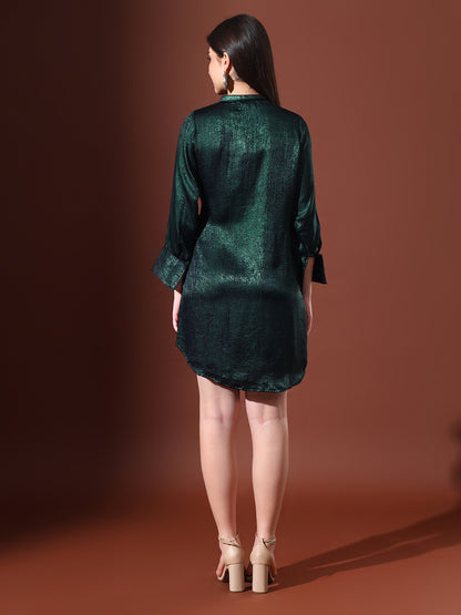 Green Shimmer Shirt Dress with Knot