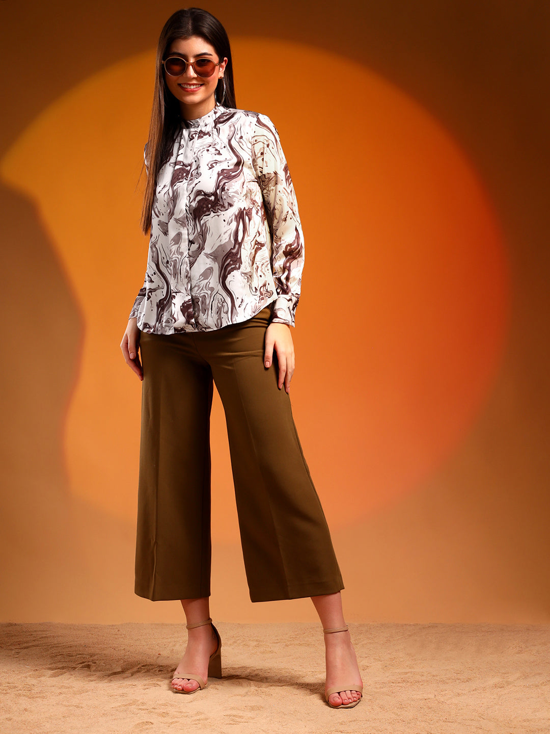 Printed Satin Shirt- Brown and White