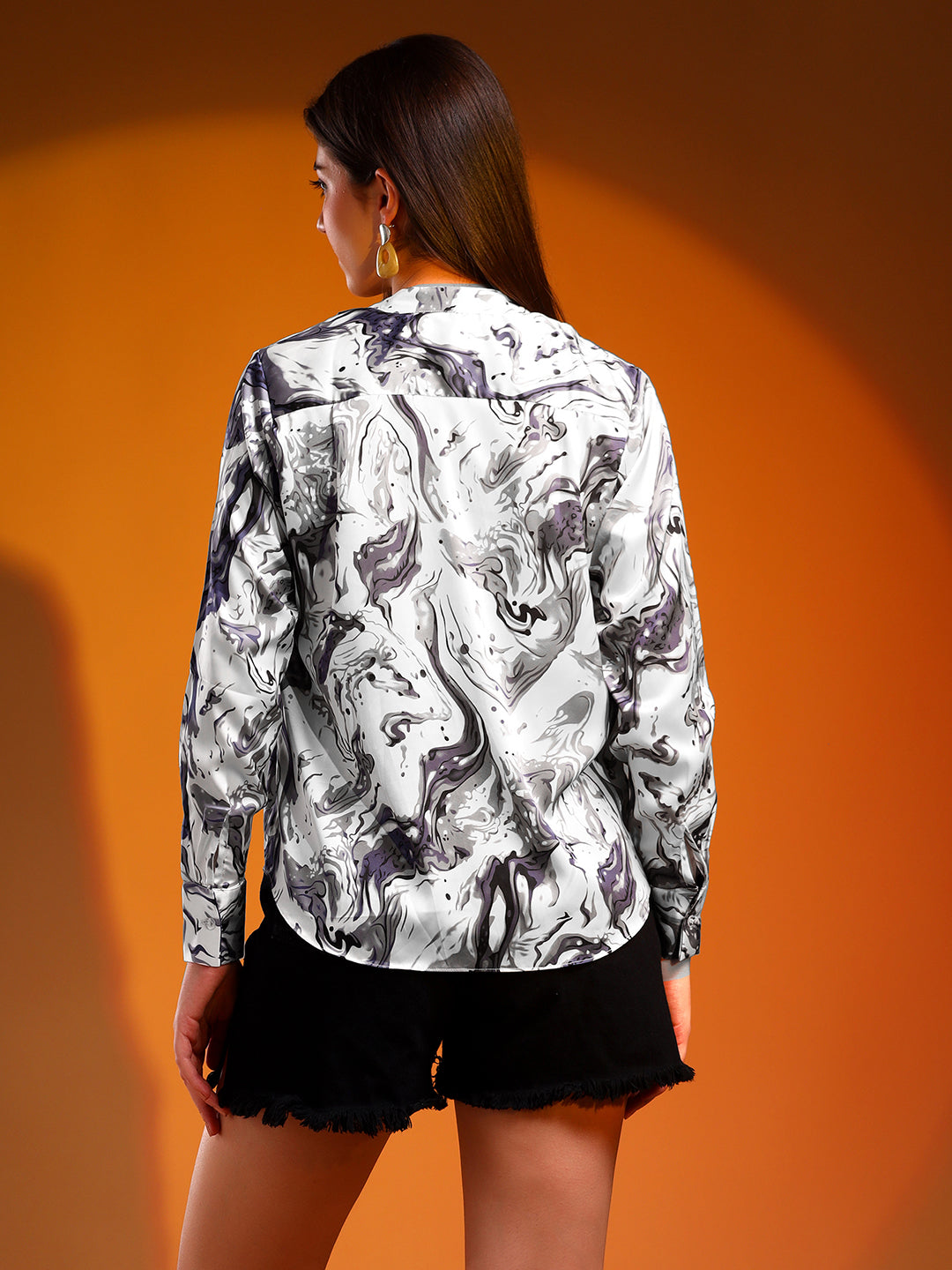 Printed Satin Shirt-Grey and White