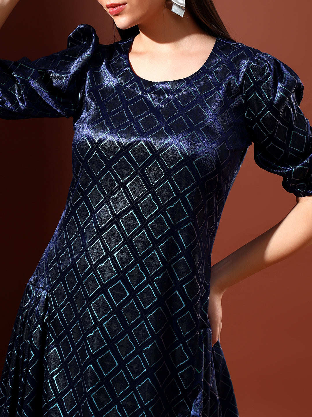 Printed Velvet Dress - Navy Blue