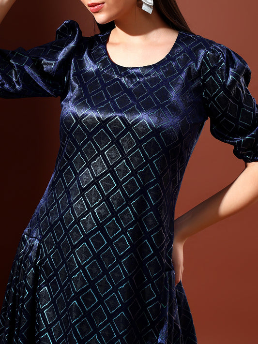 Printed Velvet Dress - Navy Blue
