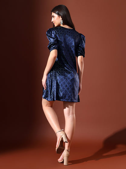 Printed Velvet Dress - Navy Blue
