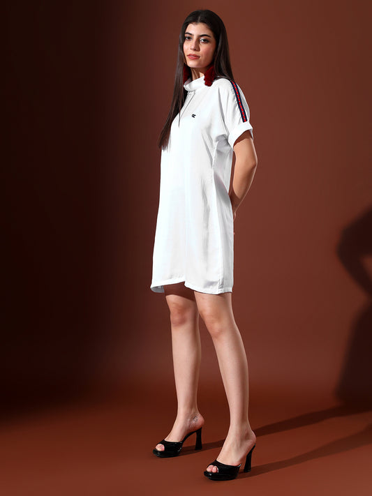 White Shift Dress With Red And Blue Lace